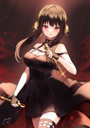 Rule 34 | 1girl, backlighting, bare shoulders, black dress, black gloves, black thighhighs, blood, blush, breasts, cleavage, closed mouth, cowboy shot, dagger, dark background, dress, dual wielding, fingerless gloves, floral print, flower, glint, gloves, gold hairband, hair flower, hair ornament, hairband, highres, holding, holding dagger, holding knife, holding weapon, knife, large breasts, lips, long hair, looking at viewer, red eyes, reverse grip, rose, rose print, ruu hh, short hair with long locks, sidelocks, solo, spikes, spy x family, thighhighs, two-sided dress, two-sided fabric, weapon, yor briar