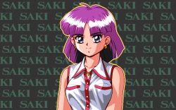 Rule 34 | 1990s (style), 1girl, 2 shot diary 2, text background, bare arms, bare shoulders, blue eyes, breasts, character name, collared shirt, earrings, facing viewer, game cg, jewelry, looking at viewer, may-be soft, medium hair, outline, pc98, purple hair, retro artstyle, saki (2 shot diary 2), shirt, small breasts, smile, solo, tagme, white shirt