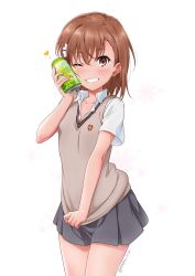 Rule 34 | 1girl, ;d, black skirt, blush, brown eyes, brown hair, can, can to cheek, clothes tug, collared shirt, drink can, emblem, hair ornament, hairclip, heart, highres, holding, holding can, isshi pyuma, looking at viewer, miniskirt, misaka mikoto, one eye closed, open mouth, school uniform, shirt, short hair, short sleeves, simple background, skirt, smile, soda can, solo, standing, sweater, sweater tug, sweater vest, toaru kagaku no railgun, toaru majutsu no index, tokiwadai school uniform, twitter username, v-neck, white background, white shirt