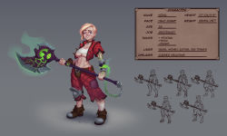 Rule 34 | 1girl, absurdres, axe, bandages, bandaged leg, bandages, blonde hair, blue eyes, brown collar, brown footwear, chain, character sheet, collar, fingernails, glowing, grey background, highres, holding, holding axe, holding weapon, muscular, muscular female, nanodeath, navel, original, parted lips, scar, scar on face, short hair, solo, standing, teeth, torn clothes, vambraces, weapon