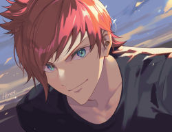 Rule 34 | 1boy, artist name, black shirt, blue eyes, closed mouth, collarbone, final fantasy, hinoe (dd works), jed (ffo), leaning forward, looking at viewer, male focus, outdoors, red hair, shirt, short hair, smile, solo, stranger of paradise: final fantasy origin, swept bangs, upper body