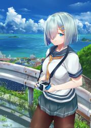 Rule 34 | 001machi, 1girl, black pantyhose, blue eyes, blush, breasts, building, camera, cloud, cloudy sky, cowboy shot, day, gloves, grey hair, grey skirt, hair ornament, hair over one eye, hairclip, hamakaze (kancolle), highres, house, kantai collection, large breasts, looking at viewer, mountain, neckerchief, ocean, outdoors, pantyhose, pleated skirt, road, scenery, school uniform, serafuku, short hair, short sleeves, skirt, sky, smile, solo, town, white gloves, yellow neckerchief