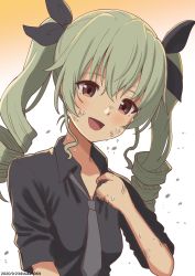 Rule 34 | 1girl, absurdres, anchovy (girls und panzer), black necktie, black ribbon, black shirt, brown eyes, collar tug, commentary, dated, dirty, dirty face, dress shirt, drill hair, girls und panzer, gradient background, green hair, hair ribbon, highres, long hair, looking at viewer, necktie, open mouth, orange background, ribbon, shirt, short sleeves, sleeves rolled up, smile, solo, sweat, twin drills, twintails, twitter username, upper body, wing collar, yuuki koutarou