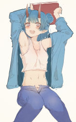 Rule 34 | 1girl, arms up, at2., blue hair, bright pupils, character request, copyright request, crop top, denim, grey eyes, hair bun, highres, horns, jeans, long hair, long sleeves, looking at viewer, navel, open mouth, pants, pointy ears, single hair bun, sitting, sketch, solo, teeth, upper teeth only, white pupils