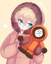 Rule 34 | 1boy, animification, blonde hair, blue eyes, character doll, character name, commentary, doll, fur-trimmed hood, fur trim, holding, holding doll, hood, hood up, hooded jacket, jacket, kenny mccormick, long sleeves, looking at viewer, male focus, mittens, open mouth, solo, south park, toqha3247, upper body, yellow background, zipper pull tab
