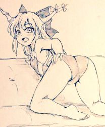 Rule 34 | 1girl, alternate costume, ass, ass focus, bare legs, barefoot, bow, breasts, commentary request, competition swimsuit, couch, d-m (dii emu), eyelashes, greyscale, horns, ibuki suika, long hair, looking at viewer, monochrome, one-piece swimsuit, oni horns, open mouth, small breasts, swimsuit, touhou