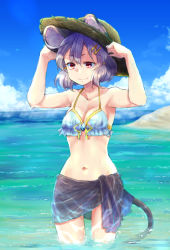 Rule 34 | 1girl, animal ears, bare shoulders, bikini, breasts, caustics, cloud, collarbone, day, dra (area-s), gold trim, grey hair, hair ornament, hairclip, hands up, hat, horizon, medium breasts, mouse ears, mouse tail, navel, nazrin, outdoors, partially submerged, red eyes, sarong, sky, smile, solo, swimsuit, tail, touhou