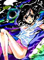 Rule 34 | 1girl, air bubble, bare legs, black eyes, black hair, bubble, children of the sea, fish, jinkai yamizawa, knee up, long hair, looking at viewer, no pants, panties, ruka (children of the sea), shirt, short sleeves, striped clothes, striped panties, underwater, underwear, whale, white shirt