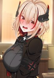 Rule 34 | 1girl, azur lane, black jacket, black shirt, blonde hair, blush, breasts, commentary, cross, embarrassed, english commentary, full-face blush, headgear, iron cross, jacket, kawacchi, large breasts, looking at viewer, multicolored hair, open mouth, red eyes, red hair, roon (azur lane), shirt, short hair, solo, streaked hair, sweat, upper body, wavy mouth