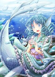 Rule 34 | 1girl, blue eyes, blue hair, blush, bubble, colored eyelashes, drill hair, fins, fish, head fins, japanese clothes, kimono, long sleeves, looking down, matching hair/eyes, mermaid, monster girl, obi, open mouth, ribbon, sash, short hair, smile, snow globe, snowman, solo, tamasan, touhou, underwater, wakasagihime, water, wide sleeves