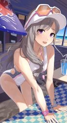 Rule 34 | 1girl, absurdres, arm support, breasts, commentary, competition swimsuit, goggles, goggles on head, grey hair, highres, idolmaster, idolmaster shiny colors, leaning forward, long hair, looking at viewer, medium breasts, official alternate costume, one-piece swimsuit, open mouth, purple eyes, smile, solo, swimsuit, symbol-only commentary, uouokuma, visor cap, watch, whistle, whistle around neck, white swimsuit, wristwatch, yukoku kiriko