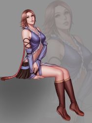 Rule 34 | 00s, 1girl, alternate costume, audia pahlevi, boots, brown hair, final fantasy, final fantasy x, final fantasy x-2, heterochromia, highres, looking at viewer, ponytail, short hair, sitting, solo, yuna
