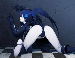 Rule 34 | 10s, 1girl, against wall, ass, belt, black gloves, black hair, black rock shooter, black rock shooter (character), blue eyes, checkered floor, coat, crack, cracked wall, geworin, gloves, glowing, glowing eye, highres, long hair, looking at viewer, looking back, pale skin, short shorts, shorts, solo, twintails, uneven twintails, wall