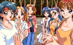 Rule 34 | 1990s (style), 1995, 1boy, 4bpp, 5girls, blonde hair, blue hair, closed eyes, closed mouth, day, discovery software, game cg, glasses, looking at viewer, marin rouge, multiple girls, open mouth, outdoors, red hair, retro artstyle, standing, trap, tree