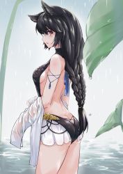 Rule 34 | 1girl, absurdres, animal ears, arm ribbon, ass, bare back, black hair, blush, braid, breasts, butt crack, erune, granblue fantasy, hair ribbon, highres, lily pad, long hair, looking at viewer, looking back, medium breasts, nib pen (medium), nier (granblue fantasy), nier (lover by the lily lake) (granblue fantasy), parted lips, red eyes, ribbon, sideboob, slingshot swimsuit, solo, standing, swimsuit, traditional media, undressing, water, wet, zooanime