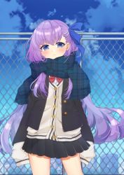 Rule 34 | 1girl, alternate costume, black jacket, black skirt, blazer, blue bow, blue eyes, blue scarf, blue sky, blurry, blurry background, blush, bow, brown cardigan, cardigan, chain-link fence, cityscape, closed mouth, cloud, commentary request, day, depth of field, enpera, fate/extra, fate/extra ccc, fate (series), fence, fringe trim, hair between eyes, hair bow, highres, jacket, light frown, long hair, long sleeves, looking at viewer, meltryllis (fate), open clothes, open jacket, outdoors, plaid, plaid scarf, pleated skirt, popo (popopuri), purple hair, red bow, scarf, school uniform, skirt, sky, sleeves past fingers, sleeves past wrists, solo, standing, very long hair