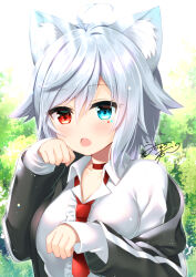 Rule 34 | 1girl, :o, ahoge, animal ear fluff, animal ears, backlighting, black jacket, blue eyes, breasts, cat ears, center frills, choker, collarbone, collared shirt, commentary request, commission, day, fang, frills, grey hair, hair between eyes, heterochromia, hood, hood down, hooded jacket, jacket, long sleeves, looking at viewer, medium breasts, necktie, open clothes, open jacket, open mouth, original, outdoors, red choker, red eyes, red necktie, shirt, signature, skeb commission, sleeves past wrists, solo, uchuuneko, upper body, white shirt