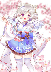 Rule 34 | 1girl, :d, amane kanata, amane kanata (new year), animal ear fluff, animal ears, blue bow, blue kimono, blue wings, blurry, blurry background, bow, branch, commentary request, depth of field, detached sleeves, feathered wings, flower, hair flower, hair ornament, highres, hololive, japanese clothes, kemonomimi mode, kimono, long sleeves, looking at viewer, lunacats, mini wings, multicolored hair, obi, open mouth, purple eyes, purple hair, ribbon-trimmed sleeves, ribbon trim, sash, sleeveless, sleeveless kimono, smile, solo, spring (season), thighhighs, two-tone hair, virtual youtuber, white flower, white sleeves, white thighhighs, white wings, wide sleeves, wings