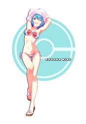 Rule 34 | 10s, 1girl, ;d, armpits, arms up, bare legs, bare shoulders, bikini, blue eyes, blue hair, blush, breasts, character name, clothes lift, collarbone, feet, female focus, front-tie top, highres, legs, lifted by self, looking at viewer, mahou shoujo madoka magica, mahou shoujo madoka magica (anime), matching hair/eyes, miki sayaka, navel, one eye closed, open mouth, sandals, shirt lift, shirt over head, short hair, side-tie bikini bottom, smile, solo, swimsuit, thigh gap, toes, tsukumo (soar99), underboob, undressing, walking, wink