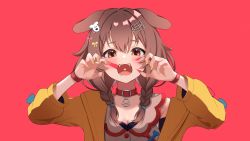 Rule 34 | 1girl, animal (vocaloid), animal ears, bone hair ornament, bow, braid, brown eyes, brown hair, claw pose, collar, commentary request, dog ears, dog girl, dog hair ornament, facepaint, hair between eyes, hair bow, hair ornament, highres, hololive, hoso-inu, inugami korone, inugami korone (1st costume), jacket, long hair, long sleeves, looking at viewer, nail polish, open clothes, open jacket, open mouth, red collar, shirt, solo, takumin dx, twin braids, upper body, virtual youtuber, vocaloid, white shirt, wristband, yellow jacket, yellow nails