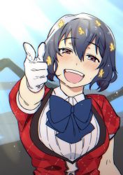 Rule 34 | 10s, 1girl, blue bow, bow, brown eyes, gloves, idol, light rays, mizuno ai, open mouth, pointing, pointing at viewer, sagami jon, smile, solo, sunbeam, sunlight, upper body, water drop, white gloves, zombie land saga