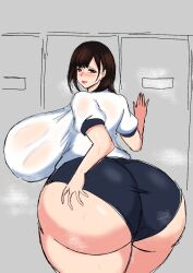 Rule 34 | 1girl, ass, blush, breasts, brown eyes, brown hair, cowboy shot, ears, female focus, grey background, gym uniform, half-closed eyes, highres, huge ass, huge breasts, indoors, legs, lips, locker, looking at viewer, looking back, matching hair/eyes, mature female, momijizx, naughty face, original, puffy short sleeves, puffy sleeves, see-through, shiny skin, shirt, short sleeves, sideboob, simple background, solo, standing, steam, steaming body, sweat, taut clothes, taut shirt, white shirt, wide hips