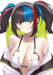 Rule 34 | 1girl, absurdres, bare shoulders, bikini, black hair, blue hair, blush, breasts, cleavage, fate/grand order, fate (series), florida bikini, highres, jacket, kurozawa yui, large breasts, licking lips, long hair, long sleeves, looking at viewer, multicolored hair, navel, off shoulder, open clothes, open jacket, red hair, sei shounagon (fate), sei shounagon (swimsuit berserker) (fate), sidelocks, smile, solo, swimsuit, tongue, tongue out, twintails, white bikini, white jacket, yellow eyes