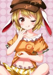 Rule 34 | 1girl, animal ears, blonde hair, blush, breasts, brown headwear, cabbie hat, closed mouth, clothes lift, collarbone, commentary request, flat cap, floppy ears, frilled shirt, frilled shorts, frills, hat, highres, indian style, looking at viewer, midriff, moon rabbit, navel, one-hour drawing challenge, one eye closed, orange shirt, pink background, rabbit ears, red eyes, ringo (touhou), ruu (tksymkw), shirt, shirt lift, short hair, short sleeves, shorts, sitting, small breasts, smile, stomach, striped clothes, striped shorts, tongue, touhou, yellow shorts