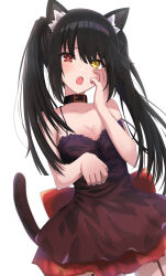 Rule 34 | 1girl, animal ears, black dress, black hair, breasts, cat ears, cat tail, date a live, dress, garter straps, heterochromia, highres, lime ill 10, medium breasts, open mouth, red eyes, solo, tail, tokisaki kurumi, twintails, two-tone dress, white background