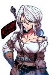 Rule 34 | 1girl, breasts, ciri, closed mouth, gloves, green eyes, highres, looking at viewer, scar, scar on face, short hair, simple background, smile, solo, sword, the witcher (series), tukiwani, weapon, white background, white hair