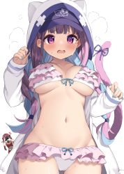Rule 34 | 2girls, @ @, animal hood, baseball cap, bikini, blue hair, blue nails, blue ribbon, blush, braid, breasts, breasts apart, camera, commentary request, frilled bikini, frills, hat, heart, highres, holding, holding camera, hololive, hood, hood up, hooded jacket, houshou marine, jacket, large breasts, long hair, long sleeves, looking at viewer, minato aqua, minato aqua (sailor), muku (muku-coffee), multicolored hair, multiple girls, nail polish, navel, open clothes, open jacket, open mouth, pink bikini, pink hair, purple eyes, ribbon, simple background, sleeves past wrists, stomach, sweat, swimsuit, tail raised, taking picture, twin braids, twintails, two-tone hair, virtual youtuber, white background, white jacket