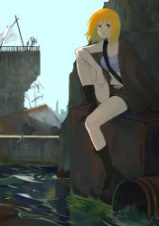 Rule 34 | 1girl, absurdres, black footwear, blue sports bra, boots, breasts, brown jacket, commentary request, elbow on knee, full body, green eyes, highres, jacket, knee up, looking at viewer, medium breasts, open clothes, open jacket, original, railing, ruins, sewer, short hair, sitting, smile, solo, sports bra, strap, unzipped, water, waving