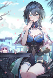 Rule 34 | 1girl, bare shoulders, bead necklace, beads, black hair, blue dress, blue eyes, blue sky, blush, brooch, cat, cherry blossoms, clothing cutout, cloud, commentary request, covered navel, cup, day, dress, feet out of frame, hand up, highres, honkai: star rail, honkai (series), jewelry, long hair, looking at viewer, nanamo yado, necklace, outdoors, petals, ruan mei (honkai: star rail), short sleeves, shoulder cutout, sitting, sky, smile, table, thigh strap
