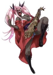 Rule 34 | 1girl, :p, bare shoulders, black footwear, boots, character request, commentary request, dark-skinned female, dark skin, glasses, hair ornament, hair ribbon, heterochromia, holding, holding instrument, instrument, japanese clothes, kimono, knee boots, kneehighs, long hair, looking at viewer, official art, pink hair, red eyes, red kimono, ribbon, simple background, socks, solo, sousei no onmyouji, standing, sukeno yoshiaki, tongue, tongue out, twintails, very dark skin, white background, yellow eyes