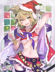Rule 34 | &gt; &lt;, 3girls, :d, > <, arm up, armpits, arms up, belt, blonde hair, bracelet, breasts, chibi, chibi inset, christmas, cloak, commentary request, cowboy shot, green hair, hair ears, hat, holding, holding sack, japanese clothes, jewelry, kariginu, looking at viewer, medium breasts, midriff, miniskirt, mononobe no futo, multiple girls, navel, open mouth, purple hair, red headwear, red shirt, red skirt, sack, santa costume, santa hat, shirt, short hair, skirt, sleeveless, smile, snapping fingers, soga no tojiko, syuri22, tate eboshi, thigh strap, tongue, tongue out, touhou, toyosatomimi no miko, underboob, uneven eyes, wide sleeves, xd, yellow eyes