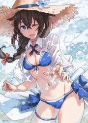 Rule 34 | 1girl, bikini, blue bikini, blue eyes, blush, braid, breasts, brown hair, brown hat, cleavage, cowboy shot, groin, hair between eyes, hair flaps, hat, highres, kantai collection, large breasts, long hair, official alternate costume, one eye closed, open clothes, open mouth, open shirt, shigure (kancolle), shigure kai san (kancolle), shirt, single braid, smile, solo, straw hat, sugue tettou, swimsuit, thigh strap, white shirt