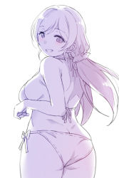 Rule 34 | 1girl, ass, back, bikini, blush, breasts, butt crack, clenched hand, duke (inu daimyou), from behind, grin, hair ornament, hair scrunchie, halterneck, limited palette, long hair, looking at viewer, looking back, love live!, love live! school idol project, scrunchie, side-tie bikini bottom, sideboob, simple background, smile, solo, string bikini, swimsuit, tojo nozomi, twintails, white background