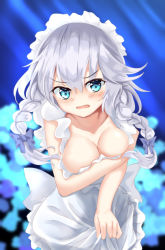 Rule 34 | 1girl, apron, bare arms, bare shoulders, blue background, blue bow, blue eyes, blush, bow, braid, collarbone, commentary request, covering privates, covering breasts, cowboy shot, frilled apron, frills, hair between eyes, hair bow, izayoi sakuya, kaeranu kaeru, looking at viewer, maid apron, maid headdress, naked apron, open mouth, short hair, silver hair, solo, touhou, twin braids, white apron