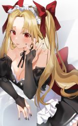 Rule 34 | alternate costume, apron, bad id, bad pixiv id, blonde hair, breasts, bridal gauntlets, choker, cleavage, earrings, enmaided, ereshkigal (fate), fate/grand order, fate (series), frilled apron, frills, hand up, highres, infinity symbol, jewelry, large breasts, leaning on object, long hair, maid, maid headdress, nail polish, parted bangs, red eyes, ribbon choker, skull, solo, tohsaka rin, tongue, tongue out, two side up, yuuko (030 yuko)