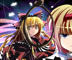 Rule 34 | 1girl, 2girls, adda, alice margatroid, blonde hair, blue eyes, bow, cape, close-up, dress, frills, hair bow, half-closed eyes, hourai doll, long hair, long sleeves, multiple girls, noose, red bow, red dress, ribbon, short hair, smile, smirk, solo focus, touhou, yellow eyes