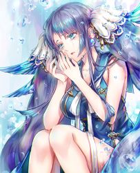 Rule 34 | 1girl, blue eyes, blue hair, breasts, bubble, crying, doro (sabarudoro), earrings, fins, hair ornament, jewelry, large breasts, long hair, looking at hand, ningyo hime (sinoalice), open mouth, ribbon, sad, sinoalice, sitting, solo, tears, twintails, very long hair