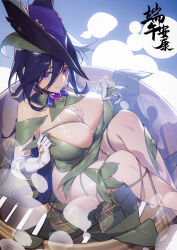 Rule 34 | 1girl, absurdres, alternate breast size, blue hair, bowl, breasts, clorinde (genshin impact), food, food between breasts, food on body, food on breasts, food on legs, genshin impact, hat, highres, long hair, medium breasts, nervous smile, purple eyes, rice, seaweed, smile, solo, tricorne, tupiao shaonu, very long hair