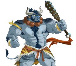Rule 34 | 1boy, abs, animal ears, armpit hair, bara, bead necklace, beads, beard, blue fur, blue hair, blue oni, blue oni (saltypoundcake), blue skin, breath, bulge, chest hair, club, club (weapon), colored sclera, colored skin, cow ears, cow horns, cow tail, cowboy shot, dark blue hair, facial hair, fang, furrification, furry, furry male, hairy, highres, holding, holding weapon, horns, jewelry, kanabou, large pectorals, loincloth, male focus, minotaur, monster boy, muscular, navel, navel hair, necklace, nipples, oni, oni horns, original, pectorals, saltypoundcake, short hair, solo, tail, thick eyebrows, thighs, topless male, weapon, white background, yellow sclera