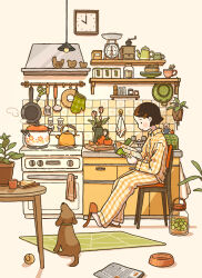 1girl absurdres baseball book brown_hair carpet chair clock coffee_grinder cutting_board dog food hair_ornament hairclip highres holding holding_book indoors kettle kitchen marunoki newspaper original oven oven_mitts pajamas plaid_clothes plaid_pajamas plant potted_plant profile reading shelf short_hair sitting slippers solo spatula tile_wall tiles tomato