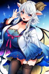 Rule 34 | 1girl, :d, animal ears, blue dress, blue eyes, blush, breasts, brown thighhighs, choker, cleavage, collarbone, commentary, demon girl, dress, eyelashes, fang, horns, huge breasts, jacket, long hair, long sleeves, looking at viewer, marota, open mouth, original, pink ribbon, ribbon, skin fang, smile, solo, sparkle, standing, thick eyebrows, thighhighs, white hair, white jacket, wide sleeves