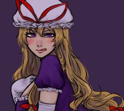 Rule 34 | 1girl, :p, bad id, bad pixiv id, blonde hair, blush, bow, breasts, dress, elbow gloves, gloves, hair bow, hand on own chest, hat, hat ribbon, long hair, looking at viewer, mob cap, naughty face, puffy sleeves, purple dress, purple eyes, ribbon, ruchi (shrlfmdks), seductive smile, short sleeves, smile, solo, tongue, tongue out, touhou, very long hair, white gloves, yakumo yukari