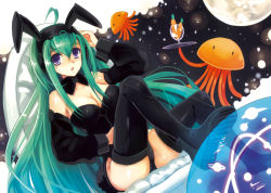 Rule 34 | 1girl, animal ears, bad id, bad pixiv id, boots, breasts, carrot, cleavage, detached sleeves, fake animal ears, full moon, glass, green eyes, long hair, macchatei koeda, moon, octopus, original, playboy bunny, purple eyes, rabbit ears, rabbit tail, solo, tail, thigh boots, thighhighs, tray
