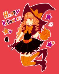 Rule 34 | 10s, 1girl, aiba ruri, belt, capelet, frills, ghost, gloves, green eyes, halloween, hat, long hair, open mouth, orange hair, pink background, ribbon, sacred seven, shoes, skirt, solo, star (symbol), thighhighs, witch hat