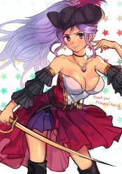 Rule 34 | 1girl, breasts, cleavage, commission, commissioner upload, earrings, fire emblem, fire emblem: genealogy of the holy war, highres, ishtar (fire emblem), jewelry, large breasts, long hair, medium breasts, necklace, nintendo, pirate, pirate costume, purple eyes, purple hair, r123, signature, skeb commission, skirt, sword, weapon