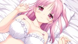 Rule 34 | 1girl, bed, blush, bra, breasts, cleavage, female focus, game cg, harukaze (company), highres, kusunoki chitose, large breasts, long hair, looking at viewer, love of ren&#039;ai koutei of love!, lying, on back, oozora itsuki, pink eyes, pink hair, solo, tagme, underwear, upper body